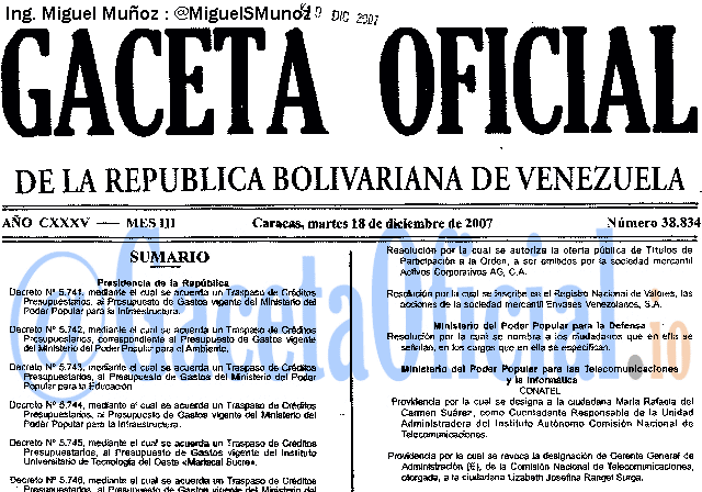 Gaceta Oficial 38834 del 18 Diciembre 2007