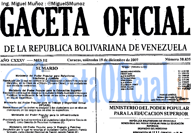 Gaceta Oficial 38835 del 19 Diciembre 2007