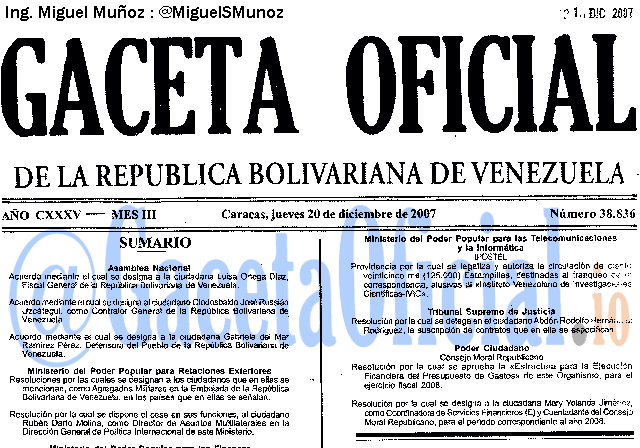 Gaceta Oficial 38836 del 20 Diciembre 2007