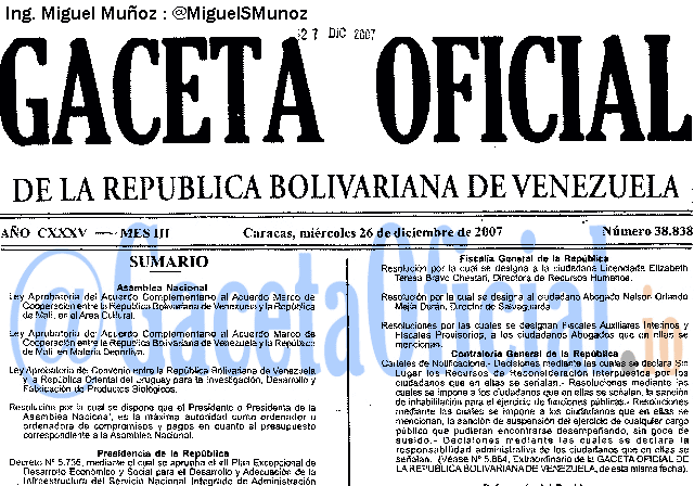 Gaceta Oficial 38838 del 26 Diciembre 2007