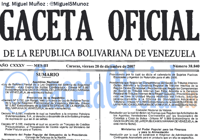 Gaceta Oficial 38840 del 28 Diciembre 2007