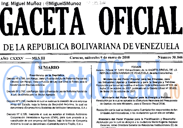 Gaceta Oficial 38846 del 9 Enero 2008