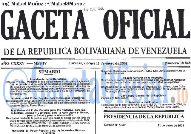 Gaceta Oficial 38848 del 11 Enero 2008