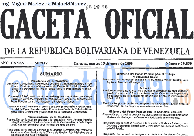 Gaceta Oficial 38850 del 15 Enero 2008