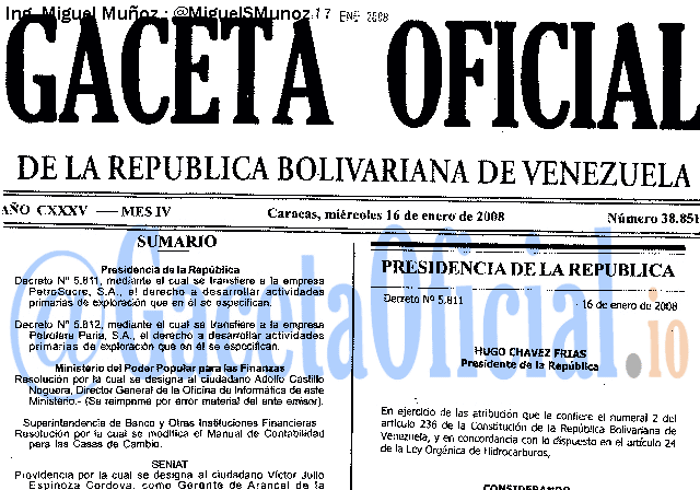Gaceta Oficial 38851 del 16 Enero 2008