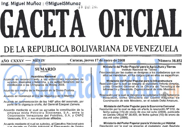 Gaceta Oficial 38852 del 17 Enero 2008
