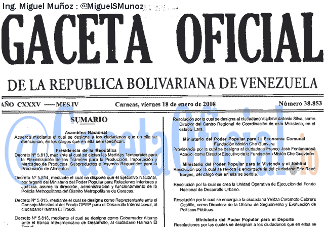 Gaceta Oficial 38853 del 18 Enero 2008