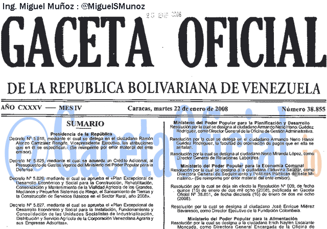 Gaceta Oficial 38855 del 22 Enero 2008