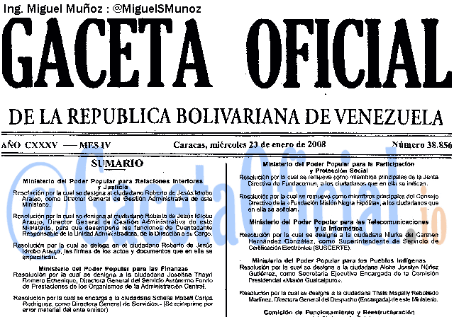 Gaceta Oficial 38856 del 23 Enero 2008