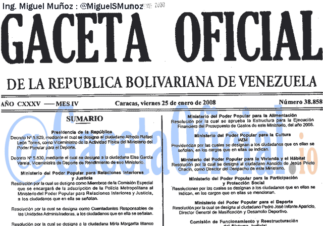 Gaceta Oficial 38858 del 25 Enero 2008