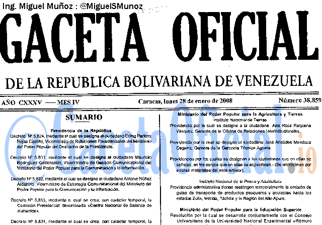Gaceta Oficial 38859 del 28 Enero 2008