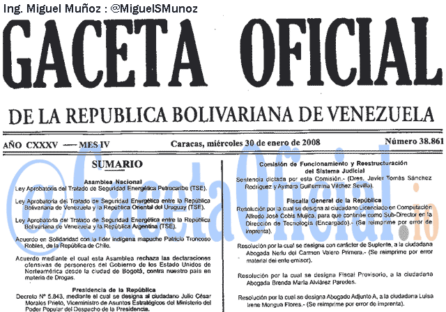 Gaceta Oficial 38861 del 30 Enero 2008