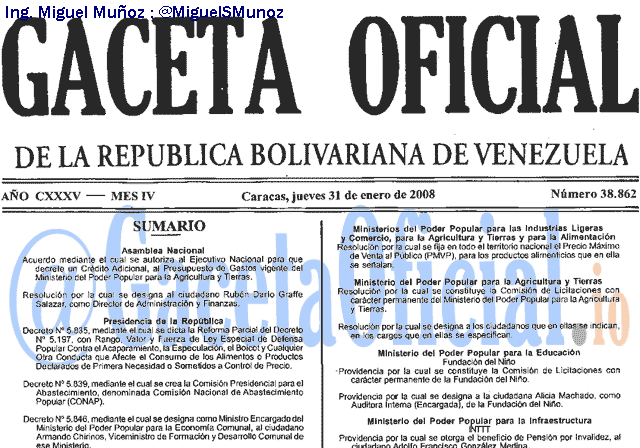 Gaceta Oficial 38862 del 31 Enero 2008