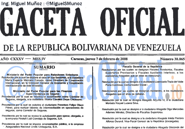 Gaceta Oficial 38865 del 7 Febrero 2008