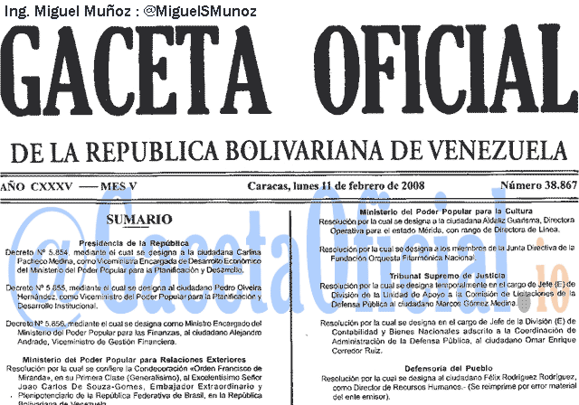 Gaceta Oficial 38867 del 11 Febrero 2008
