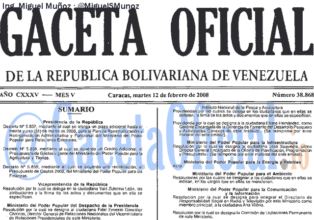 Gaceta Oficial 38868 del 12 Febrero 2008