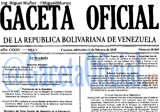 Gaceta Oficial 38869 del 13 Febrero 2008
