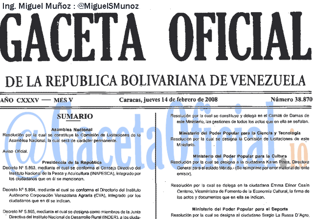 Gaceta Oficial 38870 del 14 Febrero 2008