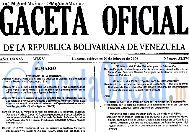 Gaceta Oficial 38874 del 20 Febrero 2008