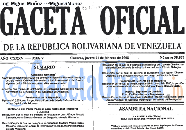 Gaceta Oficial 38875 del 21 Febrero 2008