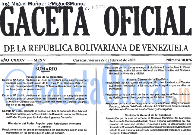 Gaceta Oficial 38876 del 22 Febrero 2008