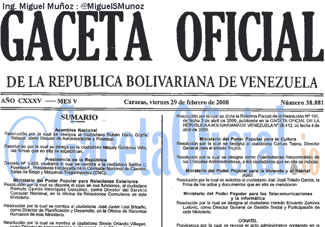 Gaceta Oficial 38881 del 29 Febrero 2008