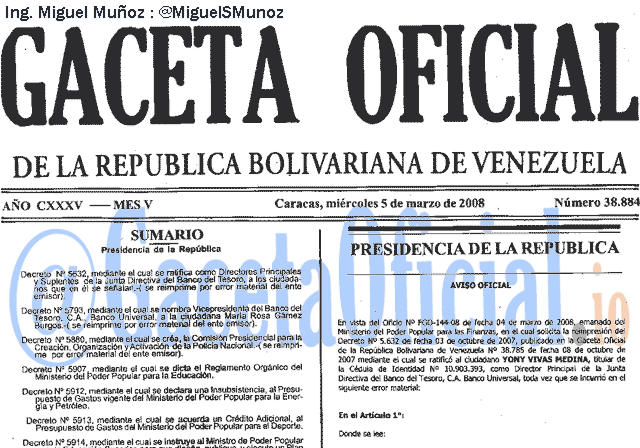 Gaceta Oficial 38884 del 5 Marzo 2008