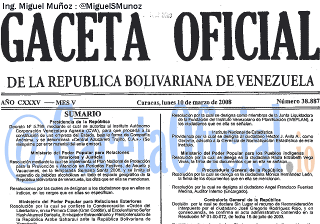 Gaceta Oficial 38887 del 10 Marzo 2008