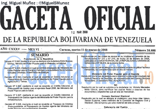 Gaceta Oficial 38888 del 11 Marzo 2008