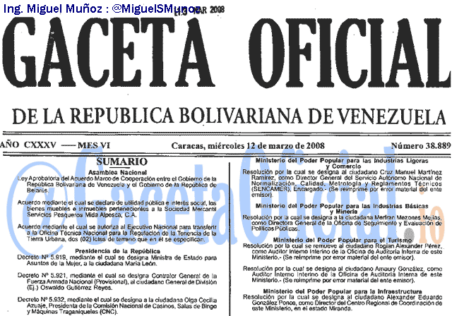 Gaceta Oficial 38889 del 12 Marzo 2008