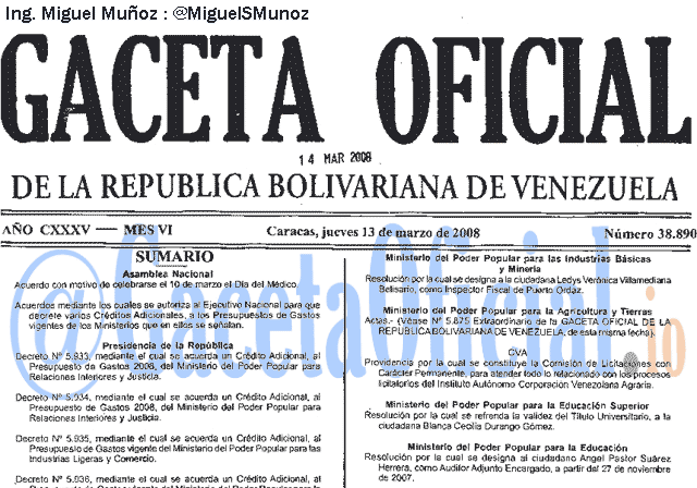Gaceta Oficial 38890 del 13 Marzo 2008
