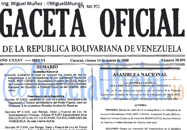 Gaceta Oficial 38891 del 14 Marzo 2008