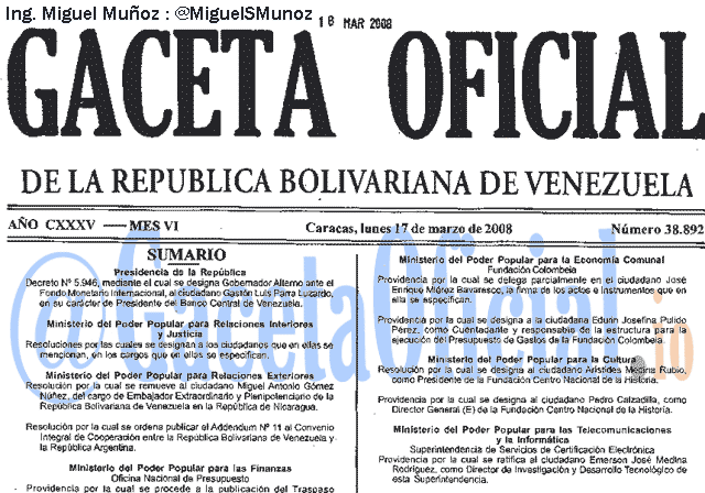 Gaceta Oficial 38892 del 17 Marzo 2008