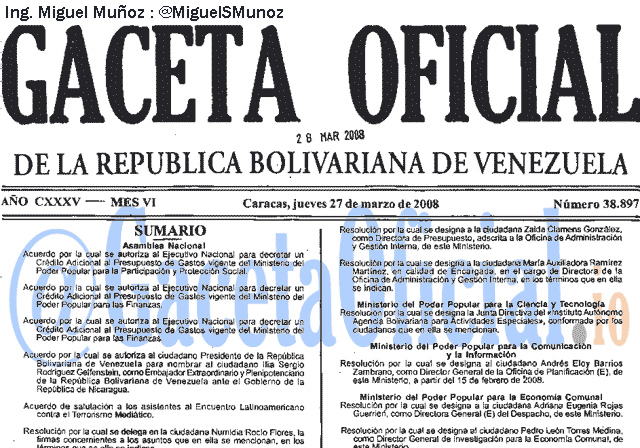 Gaceta Oficial 38897 del 27 Marzo 2008