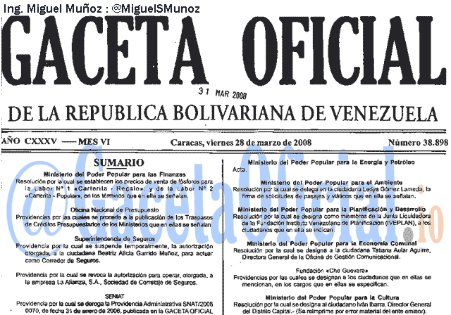 Gaceta Oficial 38898 del 28 Marzo 2008