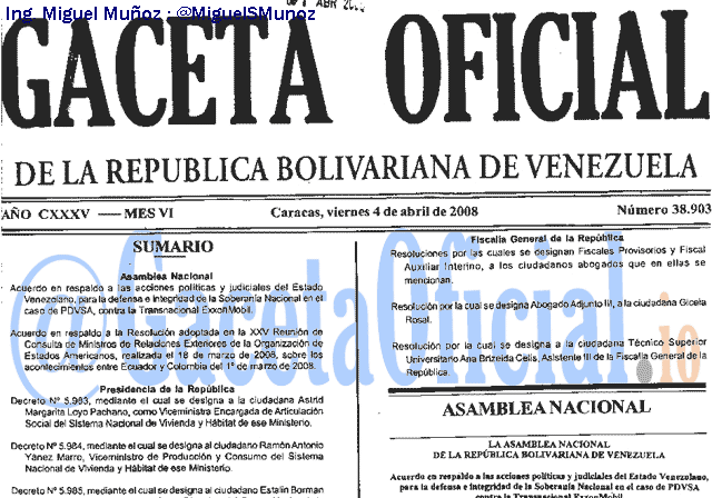 Gaceta Oficial 38903 del 4 Abril 2008