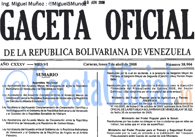 Gaceta Oficial 38904 del 7 Abril 2008