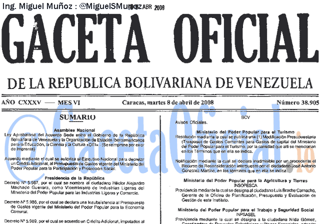 Gaceta Oficial 38905 del 8 Abril 2008