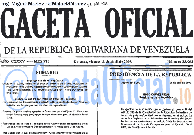 Gaceta Oficial 38908 del 11 Abril 2008