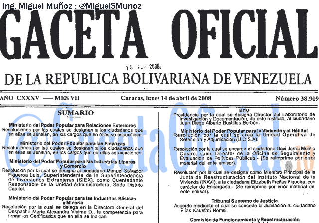Gaceta Oficial 38909 del 14 Abril 2008