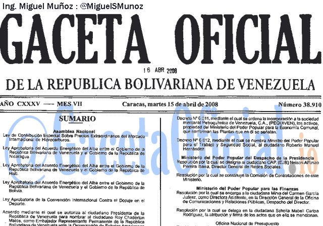 Gaceta Oficial 38910 del 15 Abril 2008