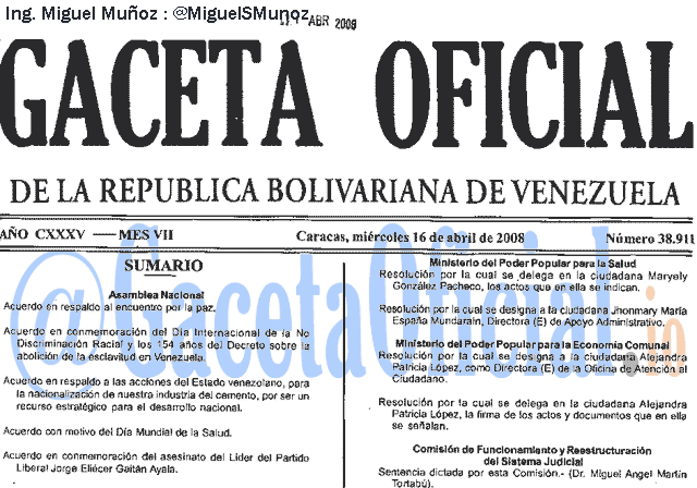 Gaceta Oficial 38911 del 16 Abril 2008