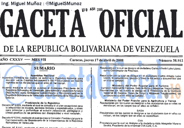 Gaceta Oficial 38912 del 17 Abril 2008