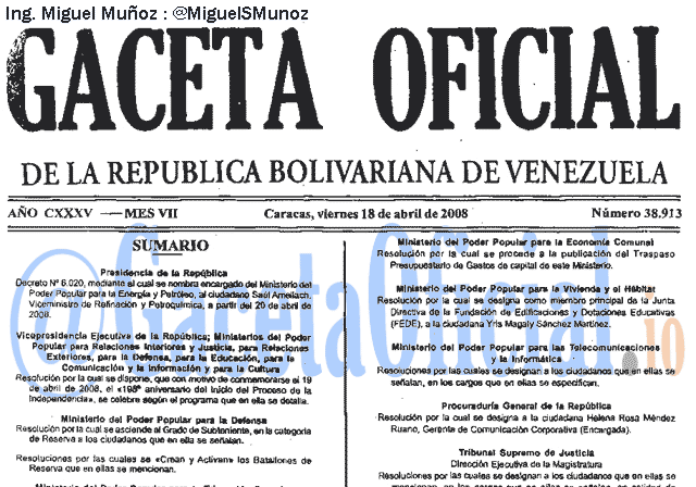 Gaceta Oficial 38913 del 18 Abril 2008