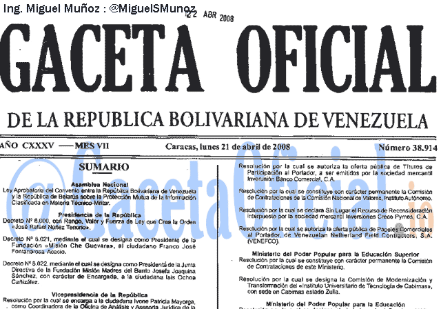 Gaceta Oficial 38914 del 21 Abril 2008