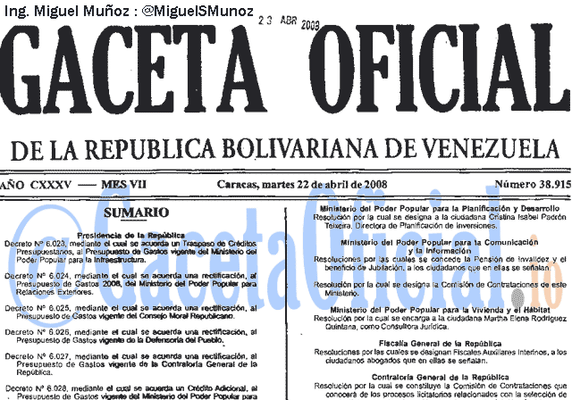 Gaceta Oficial 38915 del 22 Abril 2008