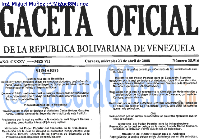 Gaceta Oficial 38916 del 23 Abril 2008