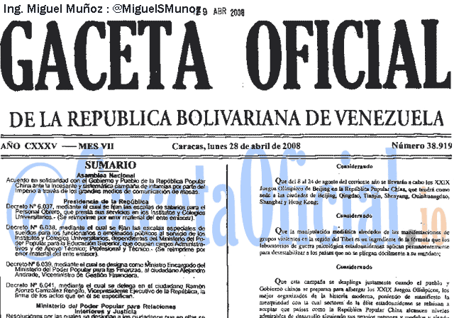 Gaceta Oficial 38919 del 28 Abril 2008