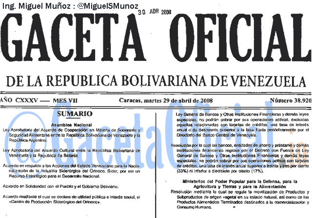Gaceta Oficial 38920 del 29 Abril 2008
