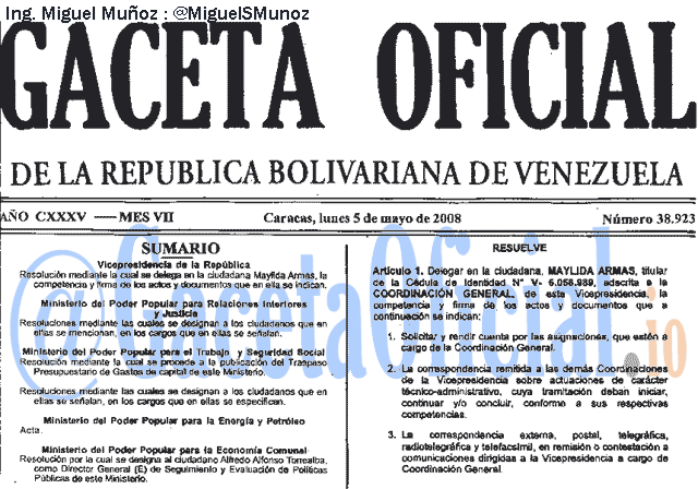 Gaceta Oficial 38923 del 5 Mayo 2008